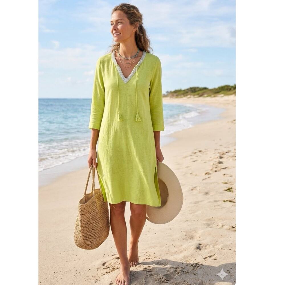 Pure Collection Linen swim cover up tassel Neon green Sz 4 Boho Resort Wear Chic